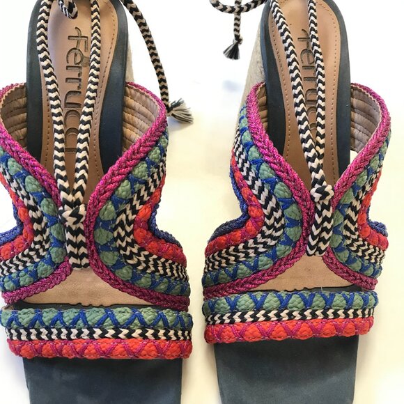 Anthropologie Ferracci Lace Up Kilim Sandals Womens 39 9 Pink Blue Block Heels - Picture 6 of 11